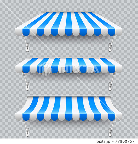 Shop sunshade with metal mount. Realistic blue striped cafe awning. Outdoor market tent. Roof canopy 77800757