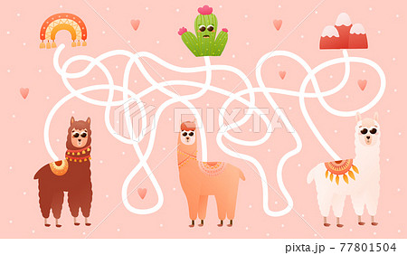 Labyritn game for kids with cute alpaca characters, help them find right way to cactus, peru elements, kids maze 77801504