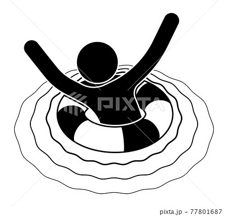 drowning stick man, figure on life buoy asks for help. Crisis, difficult life situation. Need for support and help. Vector 77801687