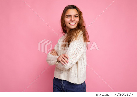Portrait of positive cheerful fashionable woman in formalwear looking at camera isolated on pink 77801877