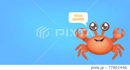 hello summer horizontal banner or flyer design template with cute red crab character isolated on blue sea background. summer beach party design template. Hello summer concept hello summer horizontal banner or flyer design template with cute red crab character isolated on blue sea background. summer beach party design template. Hello summer concept 77802446