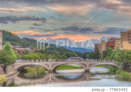 HDR image of the Asanogawa river at sundown, Kanazawa, Ishikawa Prefecture, Japan. 77803492