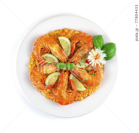 Spanish Paella Rice with Shrimps and Lemon 77804433