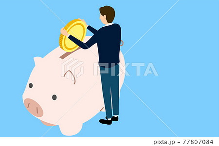 貯金のイメージ、豚の貯金箱にコインを入れる男性、アイソメトリック 貯金のイメージ、豚の貯金箱にコインを入れる男性、アイソメトリック 77807084