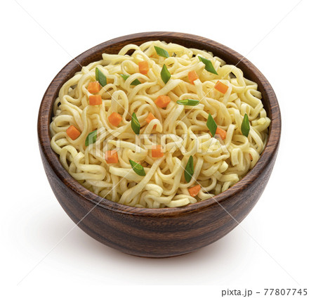 Wooden bowl of instant noodles isolated on white background Wooden bowl of instant noodles isolated on white background 77807745