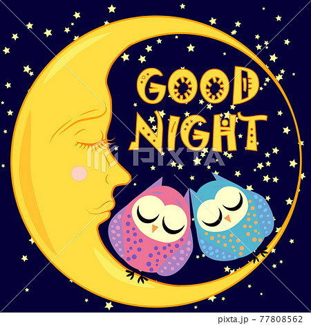 Good night. A postcard with a dozing crescent, two lovely cartoon owls and text. 77808562