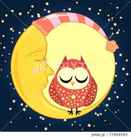 cute cartoon sleeping owl in circles with closed eyes sits on a drowsy crescent among the stars 77808565