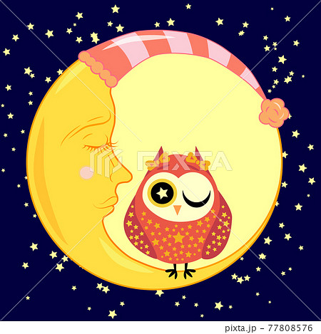 cute cartoon sleeping owl in circles with closed eyes sits on a drowsy crescent among the stars 77808576