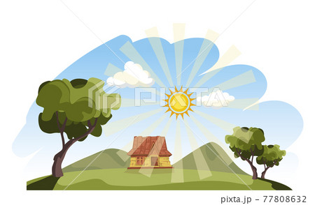 Beautiful vector illustration showing sunny village landscape in summer. 77808632