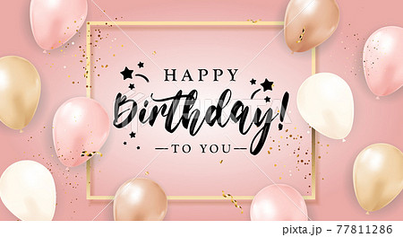 Happy Birthday congratulations banner design with Confetti, Balloons and Glossy Glitter Ribbon for Party Holiday Background. Vector Illustration 77811286