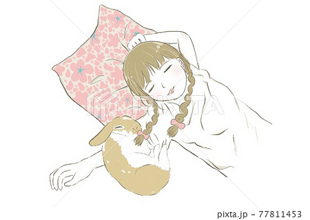リラックスしてお昼寝するかわいい三つ編みの女の子とうさぎのイラスト素材