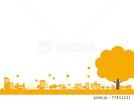 木と街並みの背景イラスト 秋 2c 白バック 文字なしのイラスト素材