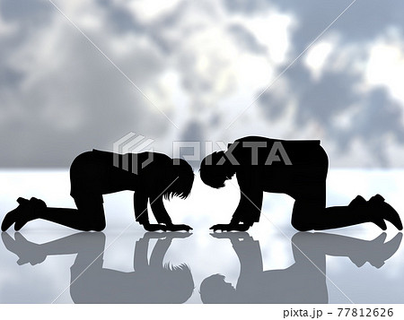 悩む若者 向かい合うスーツ姿男女のシルエット CGイラスト横 悩む若者 向かい合うスーツ姿男女のシルエット CGイラスト横 77812626