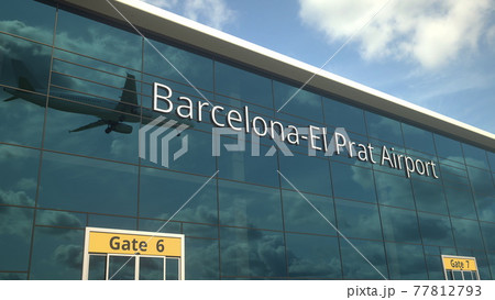 Landing airplane reflects in the modern windows with Barcelona-El Prat Airport text. 3d rendering 77812793
