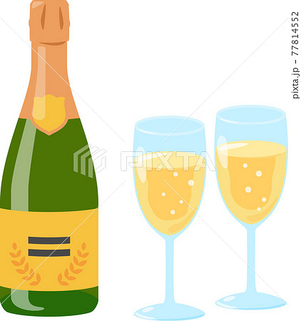 シャンペン スパークリングワインのボトルとグラスのイラスト素材