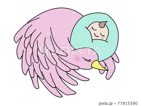 ピンクのコウノトリに包まれる緑色のおくるみを着て眠っている赤ちゃん 77815390
