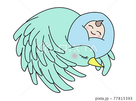 緑色のコウノトリに包まれ青色のおくるみを着ている笑顔の赤ちゃん 77815393