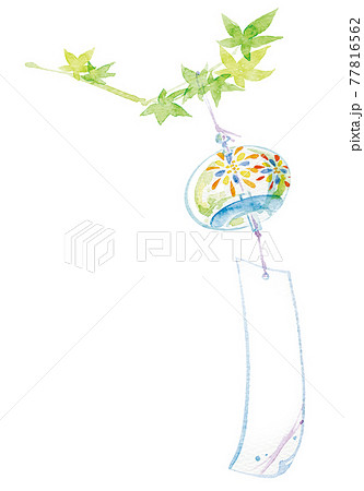 風に揺れる風鈴とかえでイラスト1 水彩 夏イメージ水彩画のイラスト素材