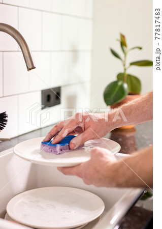 cropped man washing dishes at home kitchen. close-up male hands doing household cropped man washing dishes at home kitchen. close-up male hands doing household 77817483