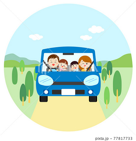 青色の車でドライブを楽しむ家族のイラスト素材