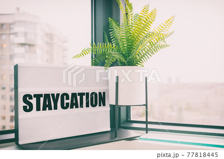 Staycation message board lightbox at home window for coronavirus summer holidays. No travel because of pandemic 77818445