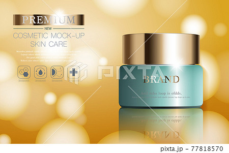 Hydrating facial cream for annual sale or festival sale. green and gold cream mask bottle isolated on glitter particles background. Graceful cosmetic ads, illustration Hydrating facial cream for annual sale or festival sale. green and gold cream mask bottle isolated on glitter particles background. Graceful cosmetic ads, illustration 77818570