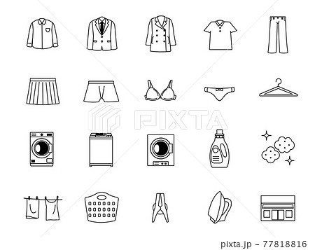 洗濯 クリーニング 洋服 線画 アイコンセットのイラスト素材