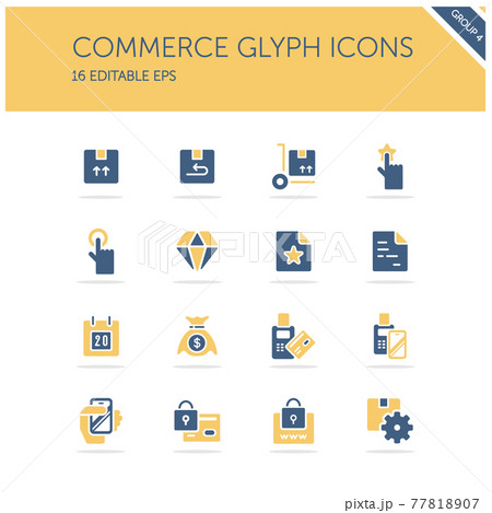 Commerce. Box, diamond, hand, swiping machine, security, money and calendar group. Isolated icon set. Isolated icon set. Glyph vector illustration 77818907