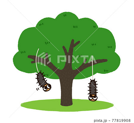 木からぶら下がる毛虫のキャラクターのイラスト素材