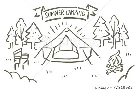 手書き風 夏のキャンプ 白黒イラストのイラスト素材