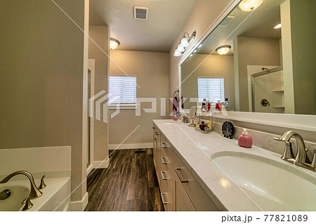 En suite bathroom with double sink vanity and mirror that reflects shower stall En suite bathroom with double sink vanity and mirror that reflects shower stall 77821089