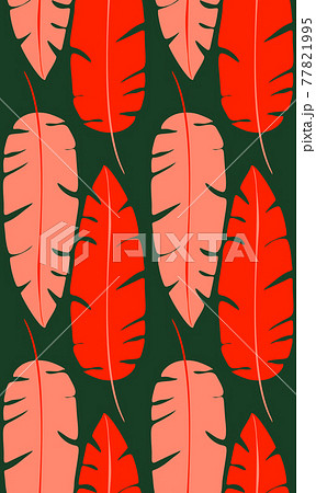 Contrast retro pattern with red silhouettes of banana leaves on green background. Tropical texture. Wallpaper with jungle foliage. Contrast retro pattern with red silhouettes of banana leaves on green background. Tropical texture. Wallpaper with jungle foliage. 77821995
