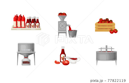 Ketchup Manufacturing Process with Tomato Harvesting and Squeezing Vector Illustration Set 77822119
