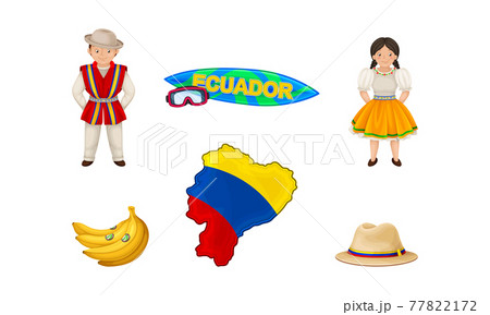 Ecuador Attributes with Banana Bunch and People Wearing National Clothing Vector Set Ecuador Attributes with Banana Bunch and People Wearing National Clothing Vector Set 77822172