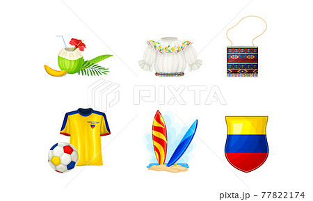 Ecuador Attributes with National Clothing and Surfboard Vector Set Ecuador Attributes with National Clothing and Surfboard Vector Set 77822174