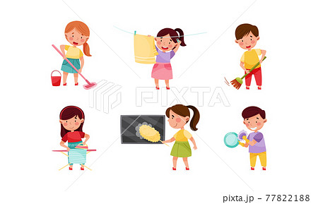 Little Boy and Girl Ironing and Sweeping the Floor with Broom Vector Set 77822188