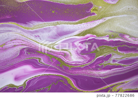 Marble purple acrylic texture with gold glitter. Close up liquid ink background. 77822686