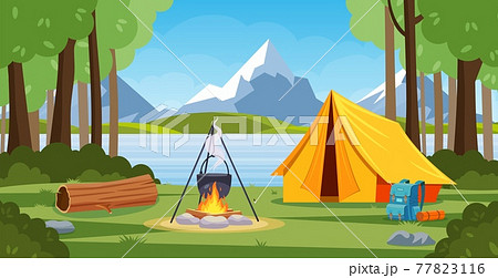 Summer camp in forest with bonfire, tent, backpack and lantern. Summer camp in forest with bonfire, tent, backpack and lantern. 77823116