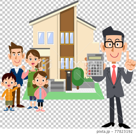 家族と計算機を見せるスーツ姿の男性と住宅 77823192