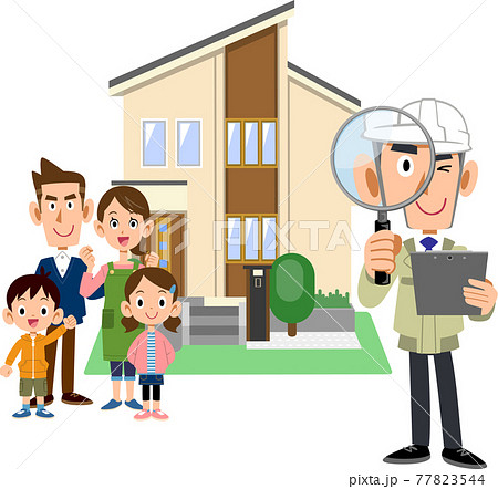 家族と虫眼鏡と書類を手にする作業員の男性と住宅 77823544
