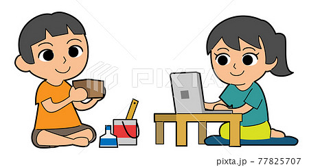 夏休みに宿題をする子供たちのイラスト素材