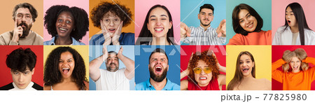 Portraits of group of people on multicolored background, collage. Portraits of group of people on multicolored background, collage. 77825980