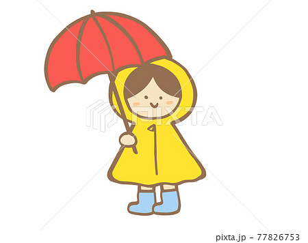 かわいいレインコートと子ども 女の子 と傘 夏 梅雨 手書きイラストのイラスト素材