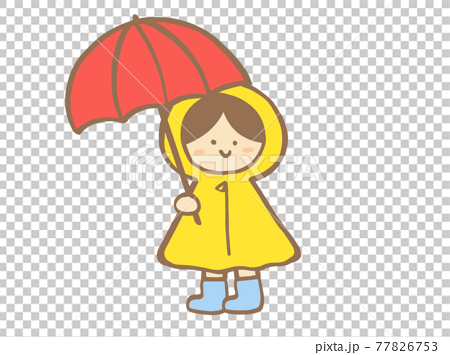 かわいいレインコートと子ども 女の子 と傘 夏 梅雨 手書きイラストのイラスト素材
