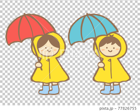 レインコートと子ども 男の子と女の子 と傘 夏 梅雨 手書きイラストのイラスト素材