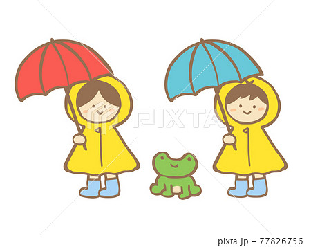 かわいい雨の日の子どもとカエルと傘とレインコート 手描きイラストのイラスト素材