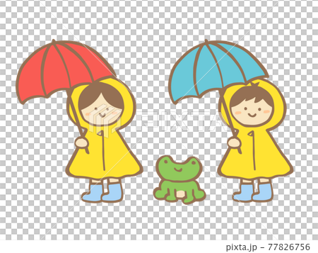 かわいいレインコートと子ども 男の子と女の子 とカエルと傘 夏 梅雨 手書きイラストのイラスト素材