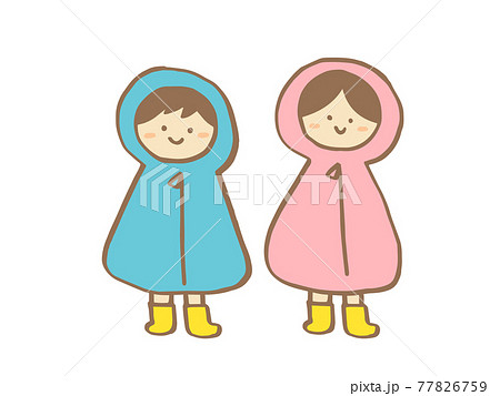 かわいいレインコートの子ども 男の子と女の子 夏 梅雨 手書きイラストのイラスト素材