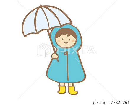 かわいいレインコートと子ども 男の子 と傘 夏 梅雨 手書きイラストのイラスト素材