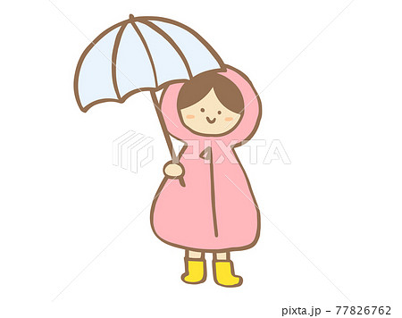 かわいいレインコート 子ども 女の子 傘 かっぱ 夏 梅雨 手書きイラスト素材のイラスト素材